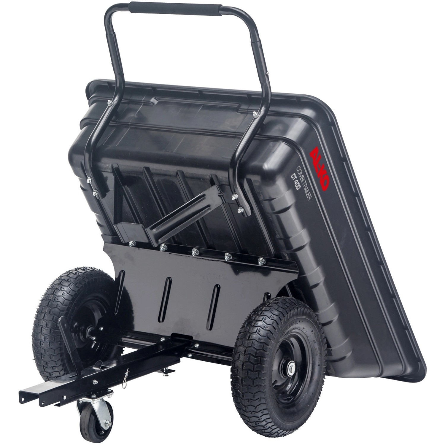 Al-Ko Combi Trailer CT 400 für Rasentraktoren, kippbarer Anhänger mit Griff und Profilreifen.