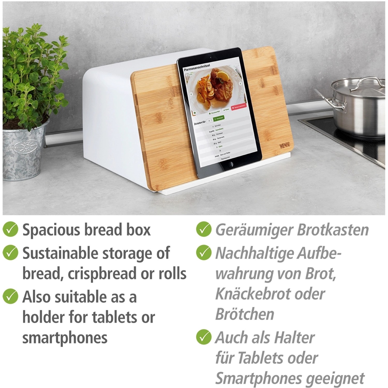 Wenko Brotkasten Weiß mit Bambusbrett und Tablet als Halterung. Vorratsdose für Brot.