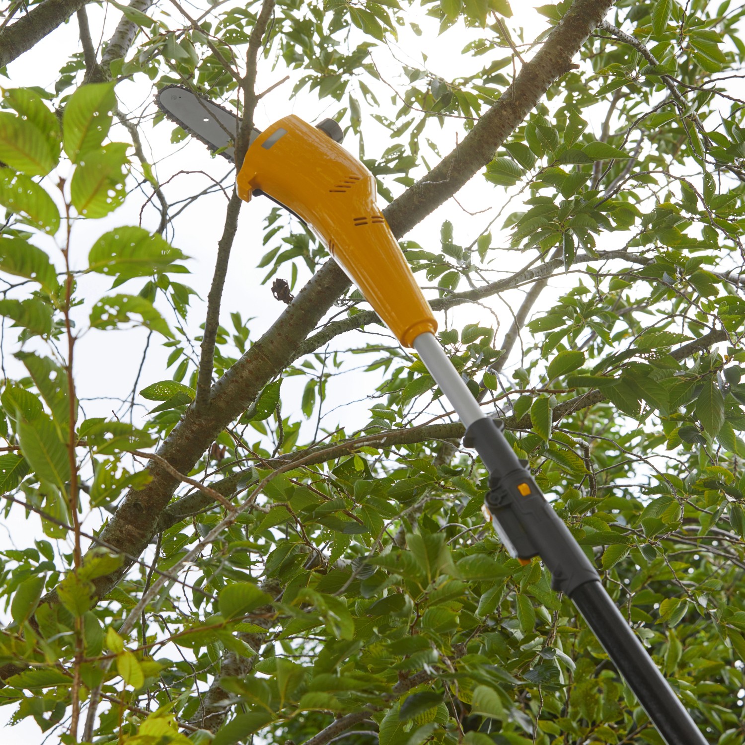 Stiga Akku-Multitool MT 100e Hochentaster beim Schneiden eines Astes.