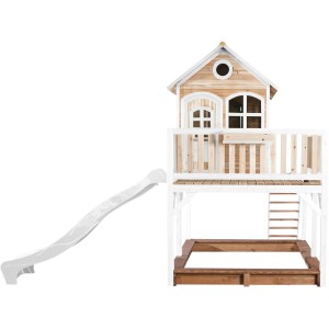 Axi Liam Spielhaus mit Rutsche, Sandkasten, Leiter, braun-weiß, aus Holz. Ideal für Kinder zum Spielen im Garten.