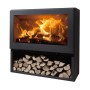 Schwarzer Panadero Fenix Kaminofen ARPEGE EcoDesign mit Holzscheiten und Flammen.