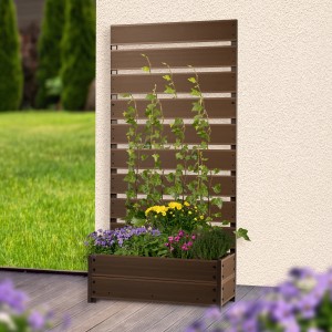 Dunkelbraunes Dobar Pflanzbeet mit Rankgitter aus WPC, bepflanzt mit Blumen und Kletterpflanzen.