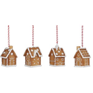 4 braune Lebkuchenhaus-Ornamente als Baumbehang, 4,5x4,5x7 cm.