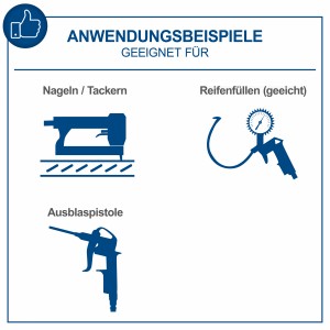 Anwendungsbeispiele für Scheppach Kompressor: Nageln, Reifenfüllen, Ausblasen.