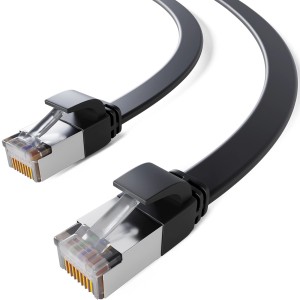 Schwarzes, flaches CAT 7 LAN Kabel (2m) mit RJ45 Stecker für Netzwerktechnik.
