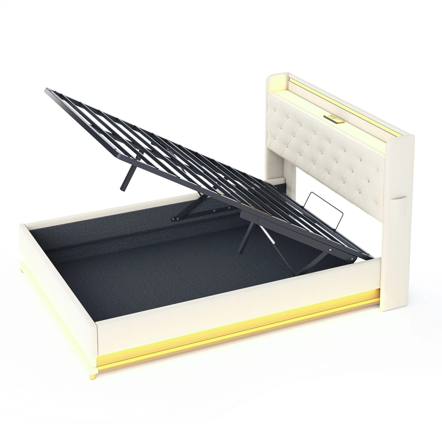 okwish Polsterbett 140x200cm mit LED USB Hydraulischem Stauraum Beige ohne Matratze