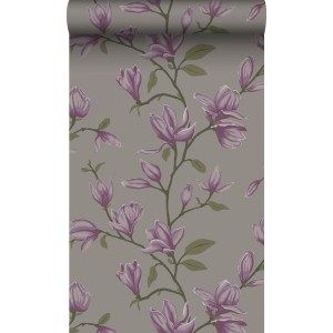 Origin Wallcoverings Tapete Magnolie Taupe und Aubergineviolett 53 cm x 10.05 m