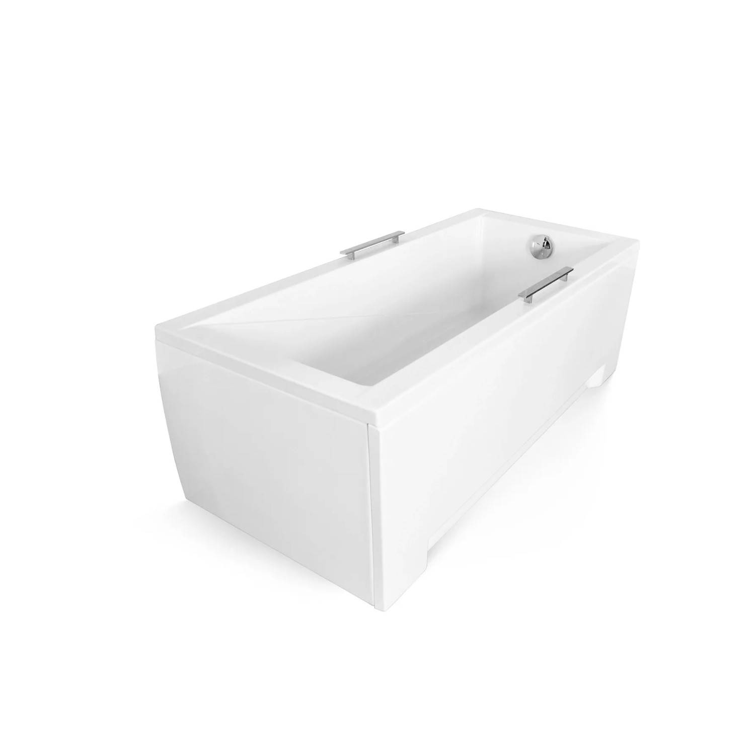 Weiße rechteckige Acryl-Badewanne MODERN 120x70 mit Acryl-Schürze, Ablauf und Chromgriffen.