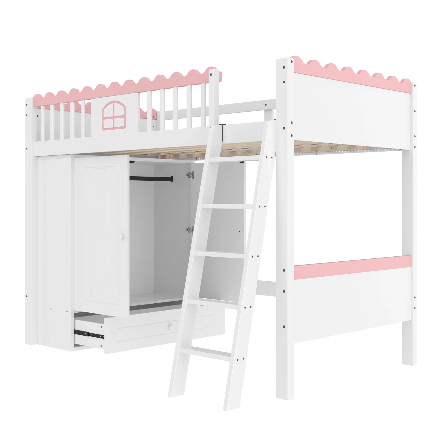 okwish Hochbett 90x200cm mit LED Beleuchtung und Kleiderschrank Kinderzimmer Weiß ohne Matratze