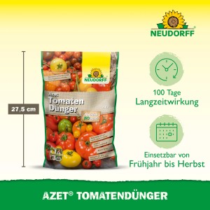 Neudorff Azet Tomaten-Dünger 750g Packung mit Tomatenabbildung. Organisch-biologischer Dünger für reiche Ernte.