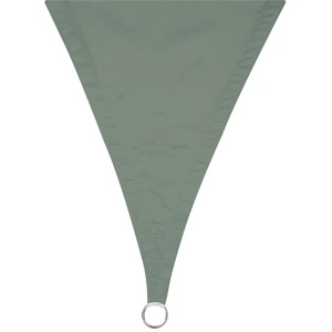 Dreieckiges, grün-graues Sonnensegel (5x5x5 m) für Garten oder Terrasse.