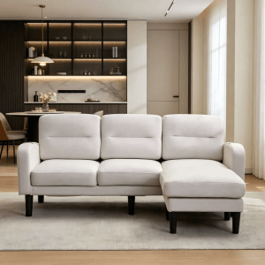 Beiges L-Sofa mit Chaiselongue, Stoffbezug und seitlicher Tasche. Modernes Ecksofa für Ihr Wohnzimmer.