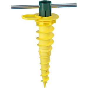 Gelber Juwel Duo Bodenschraubanker für Wäschespinnen mit Eindrehwerkzeug.