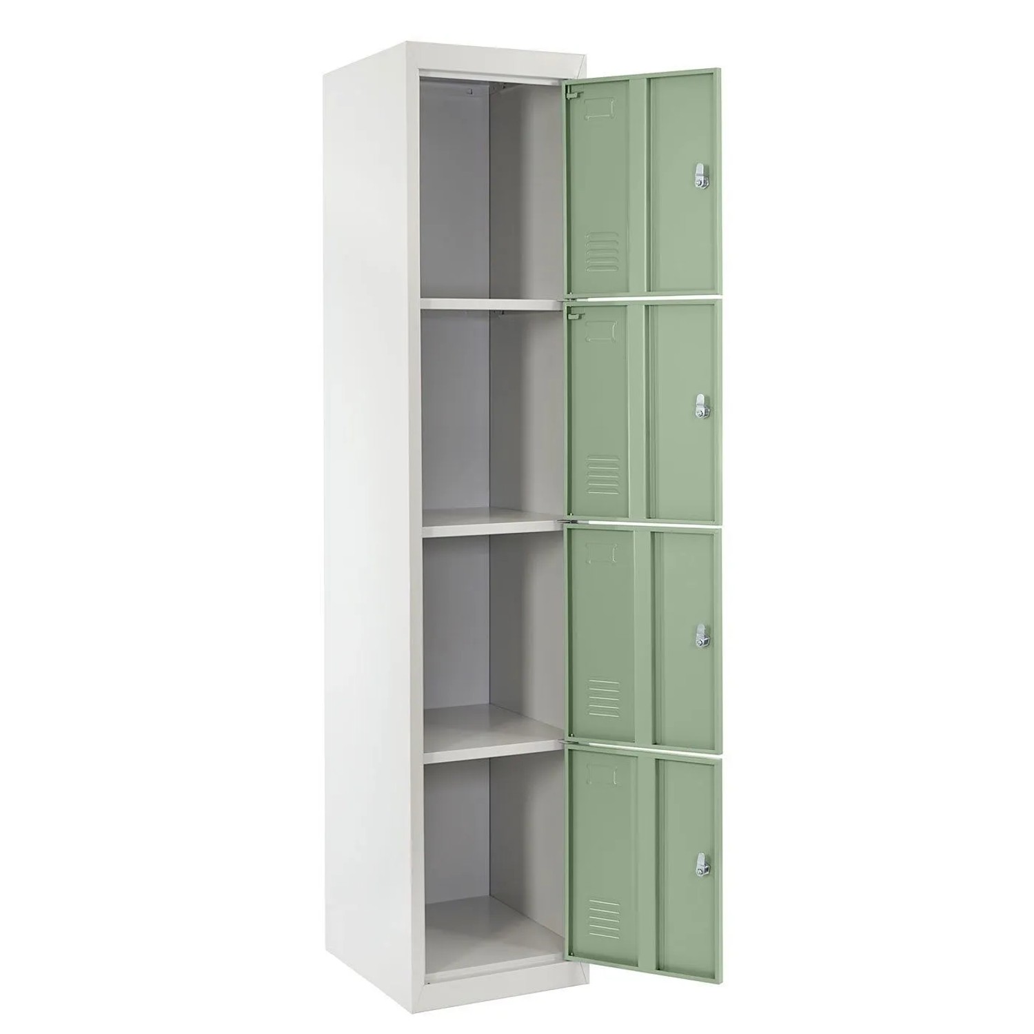 Proregal Schließfachschrank Saturn aus Metall, grün-grau, mit 4 abschließbaren Fächern. Ideal für Büro und Werkstatt.