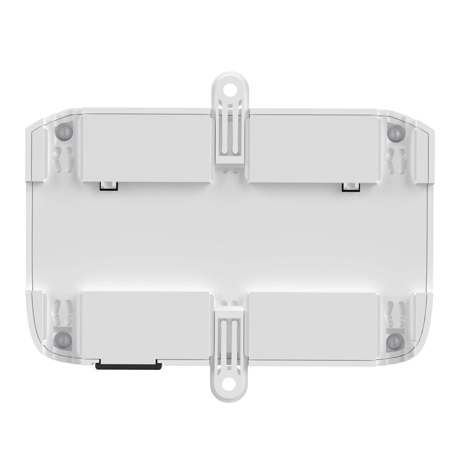 Weißer, rechteckiger Homematic IP Fußbodenheizungscontroller mit 8 Kanälen, Rückseite mit Montagehalterungen.