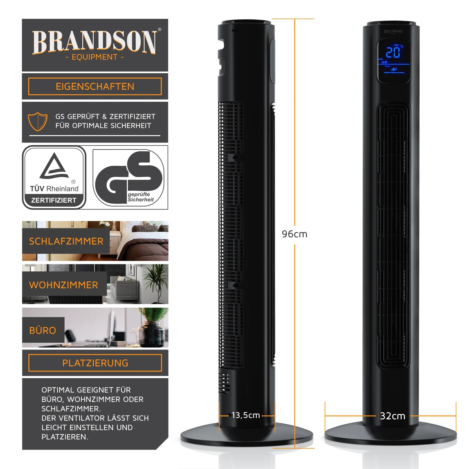 Brandson Turmventilator, schwarz, mit digitalem Display und Oszillation, 96cm hoch.