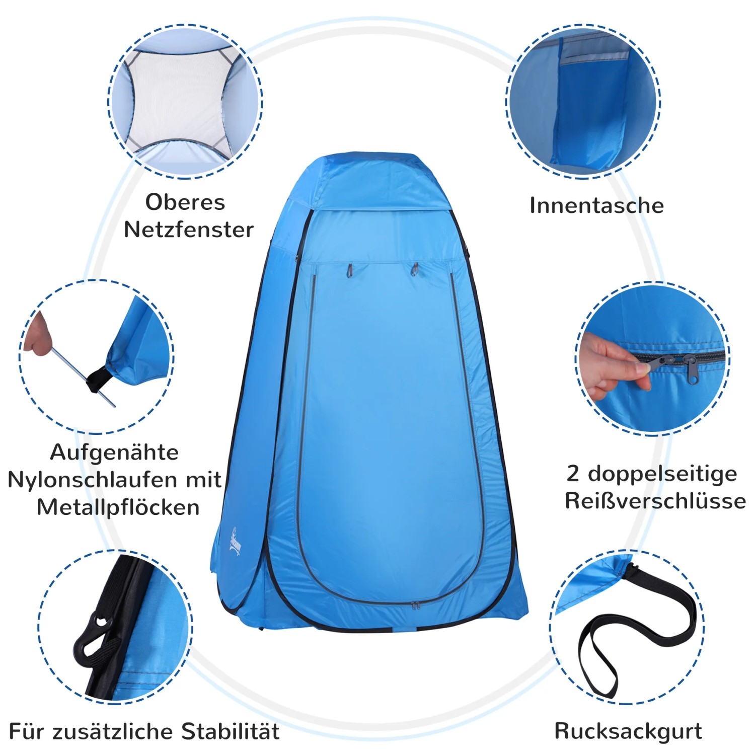 Himmelblaues Outsunny Wurfzelt aus Polyester mit Details wie Netzfenster und Reißverschlüssen.