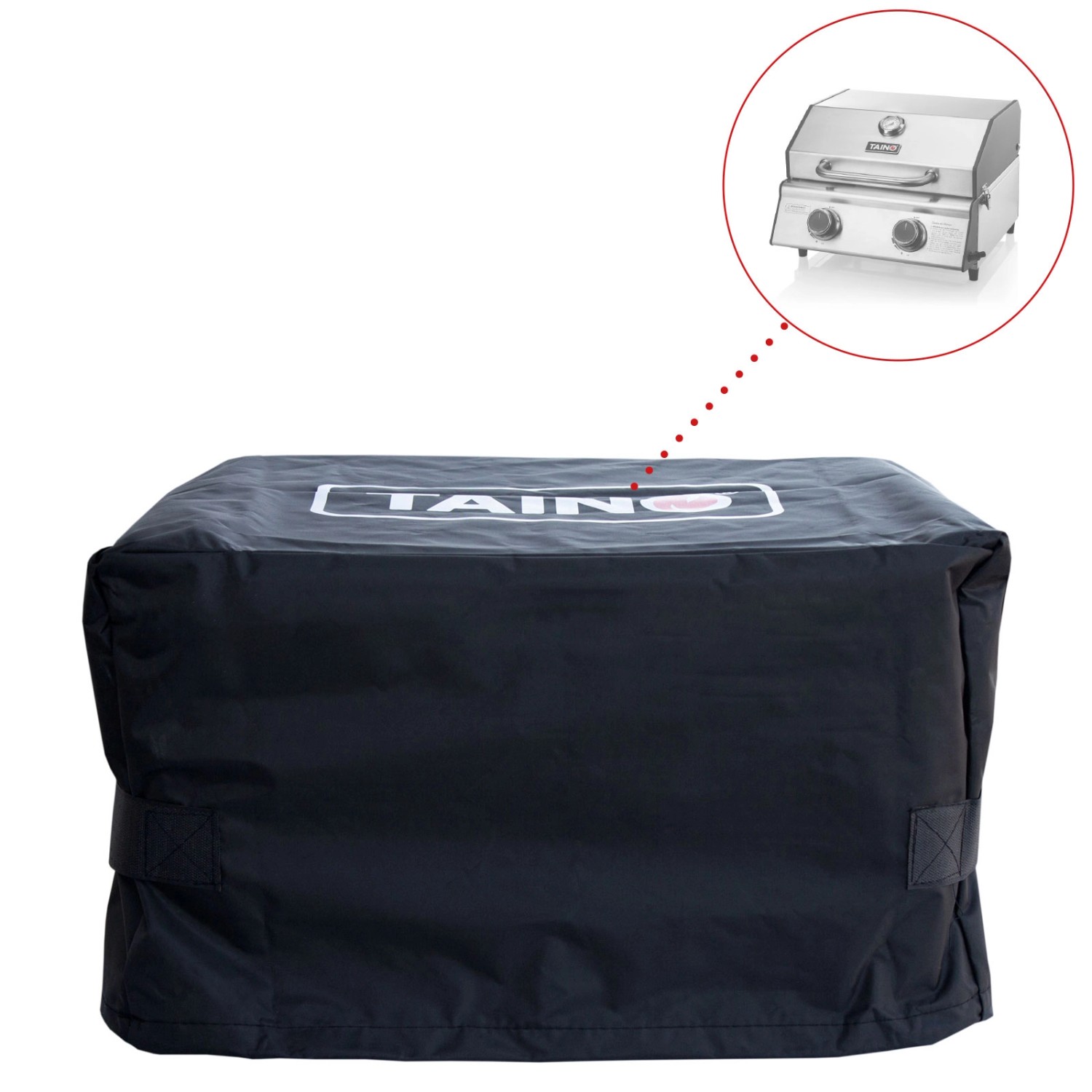 Taino Platinum Compact Gasgrill Set: Abdeckhaube über Tischgrill, Gasgrill im Hintergrund