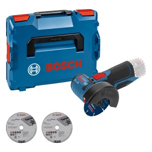 Bosch Professional Akku-Winkelschleifer GWS 12 V-76, blau-schwarz, mit L-Boxx und Trennscheiben. Kompakte Schleifmaschine.