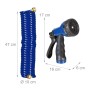 Blauer Relaxdays Wasserspiralschlauch 10m mit Brause und Messing-Anschluss für Gartenbewässerung.