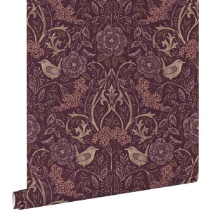 ESTAhome Tapete Blumen und Vögel im Jugendstil Aubergineviolett 50 x 900 cm