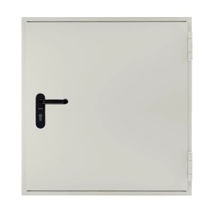 Hörmann Brandschutzklappe T30, grauweiße Stahltür mit schwarzem Türgriff, 800x800 mm.