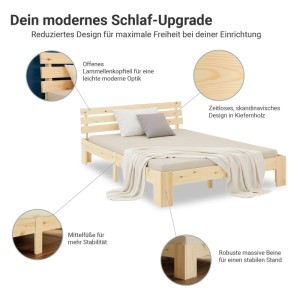 Homestyle4u Holzbett 120x200 cm aus Kiefernholz mit Lattenrost. Modernes Bettgestell mit Lamellenkopfteil und stabilen Beinen.