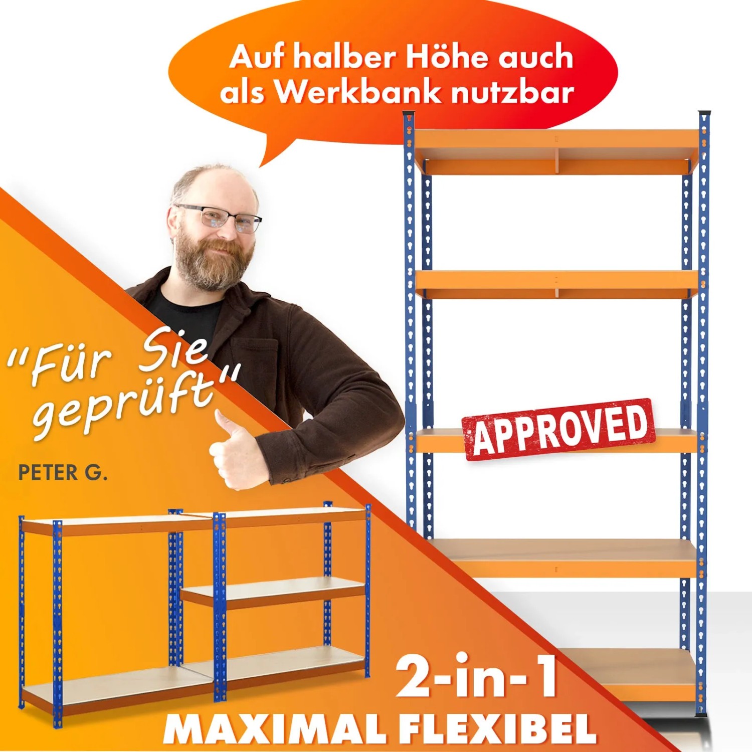 Blau-oranges Schwerlastregal KARAT Rhino mit 5 Böden, bis 1050 kg Traglast.