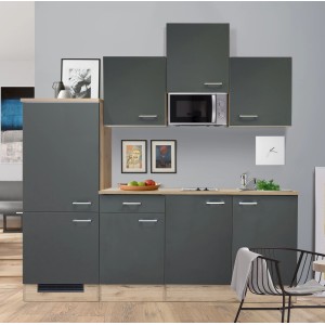 Flex-Well Küchenzeile Morena, 210 cm, Basaltgrau/San Remo Eiche: Kompakte Einbauküche mit E-Geräten.