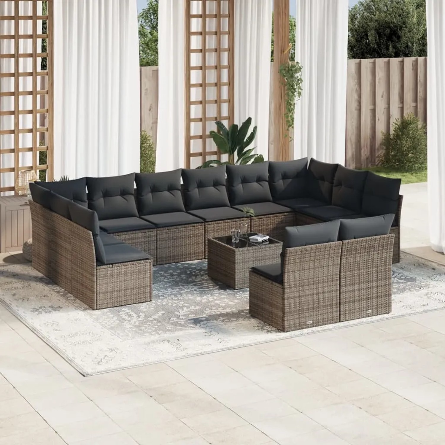 Graue 13-tlg. vidaXL Garten-Sofagarnitur aus Polyrattan mit Kissen.