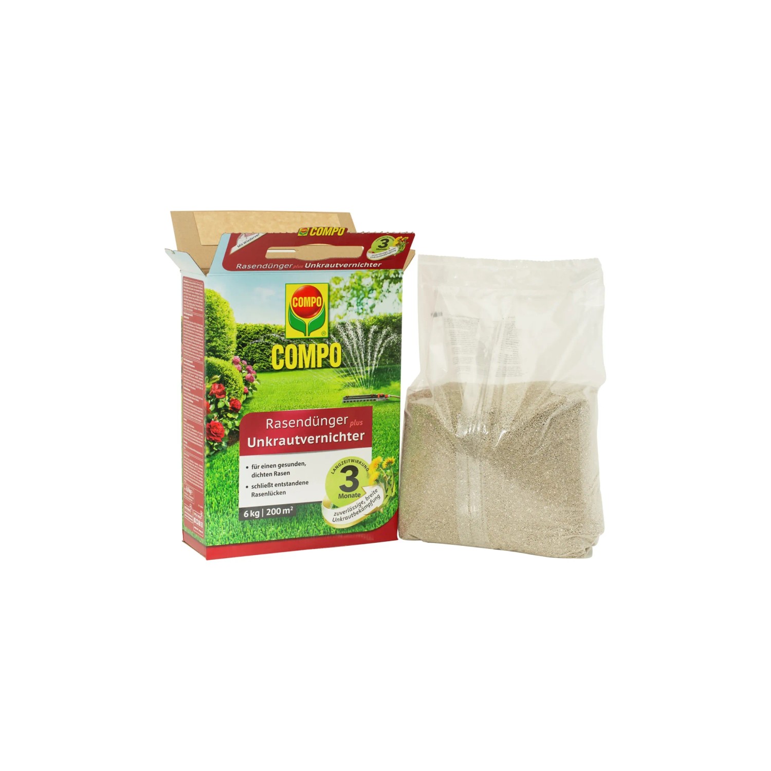 Compo Rasendünger plus Unkrautvernichter, 6 kg Packung für 200 m² Rasenfläche.