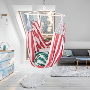Relaxdays Hängesessel Baumwolle Pappelholz Weiß Rot Belastbar 150 kg 150 cm x 100 cm x 40 cm 1,7 kg