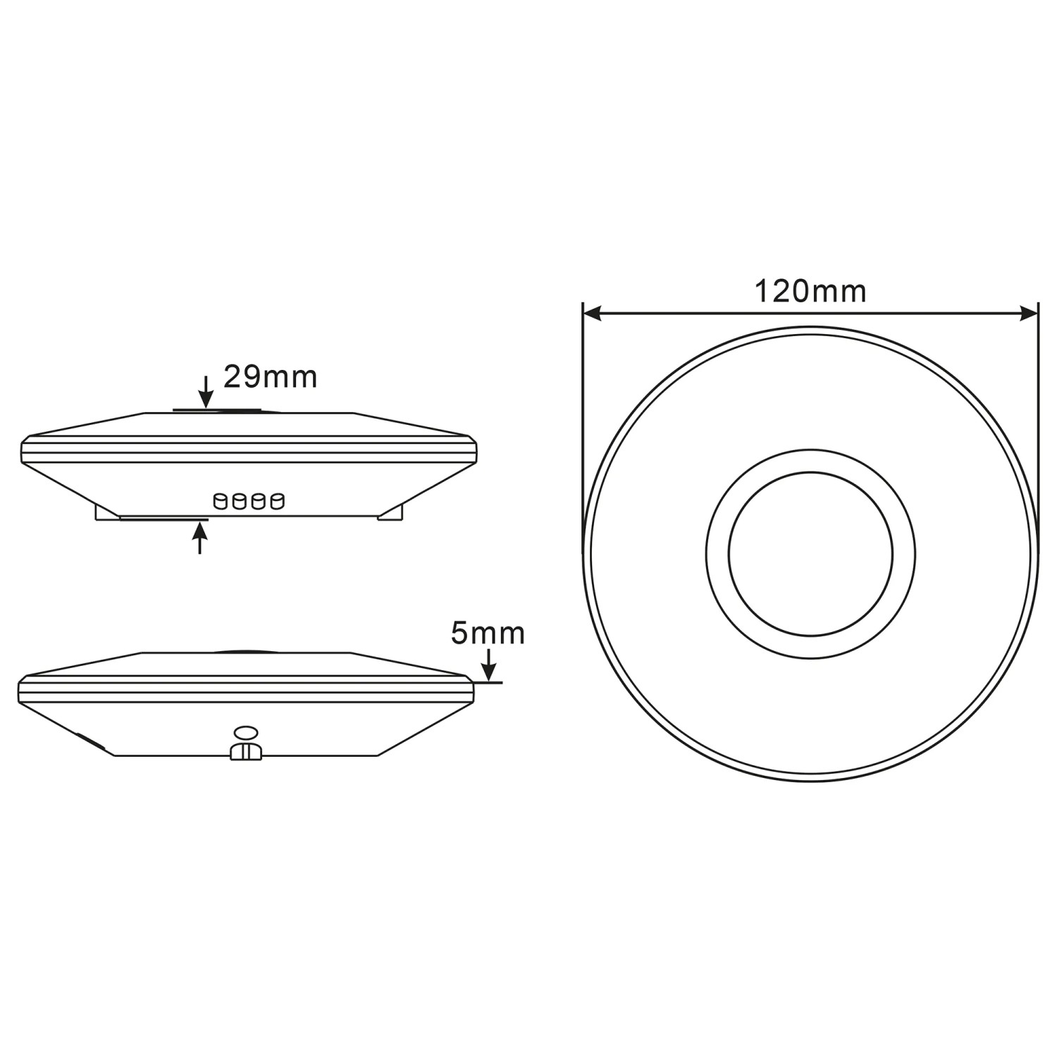 Skizze des weißen LED's light Aufbau-Deckensensors PIR 360° IP20 mit Maßangaben.