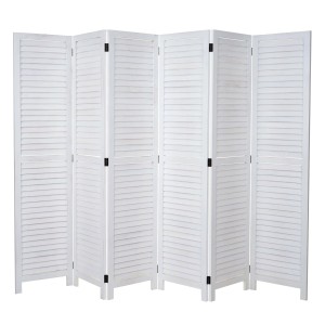Weißer MCW Paravent C30 mit 6 Paneelen im Fensterladen-Design, 170x243cm, ideal als Raumteiler.