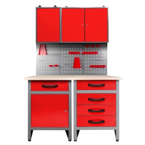Rotes Ondis24 Werkstatt Set "Entdecker" mit Werkbank, Schränken und Lochwand (120 cm).