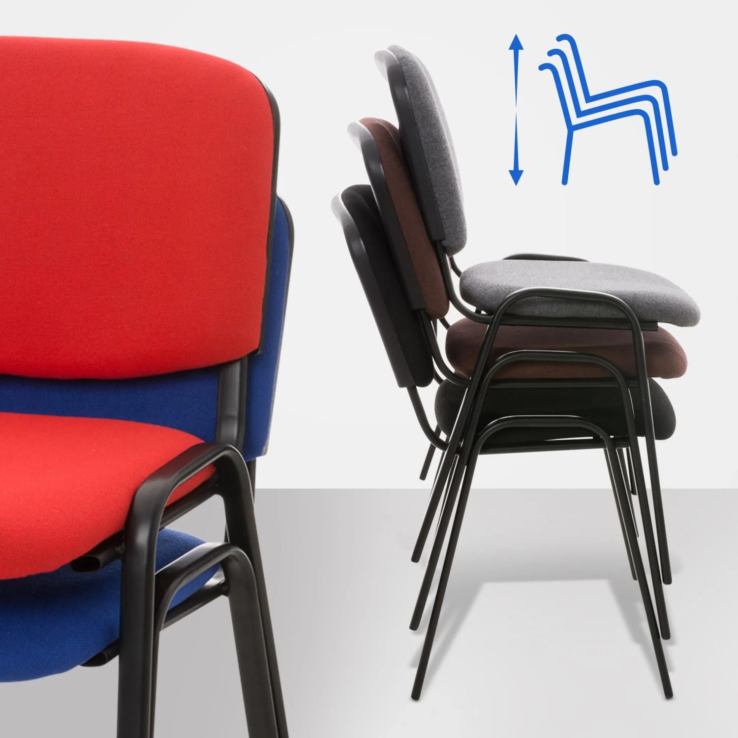 Stapelbare Besucherstühle ZAGREB in Blau, Rot, Braun und Grau mit schwarzem Metallgestell.