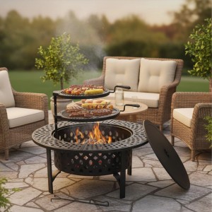 Relaxdays Feuerschale Stahl Schwarz mit 2 Grillrosten Schwenkbar Höhenverstellbar 71 cm x 92 cm 13,4 kg