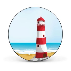 Runde, schwarze Magnettafel mit Leuchtturm-Illustration für Wanddekoration.