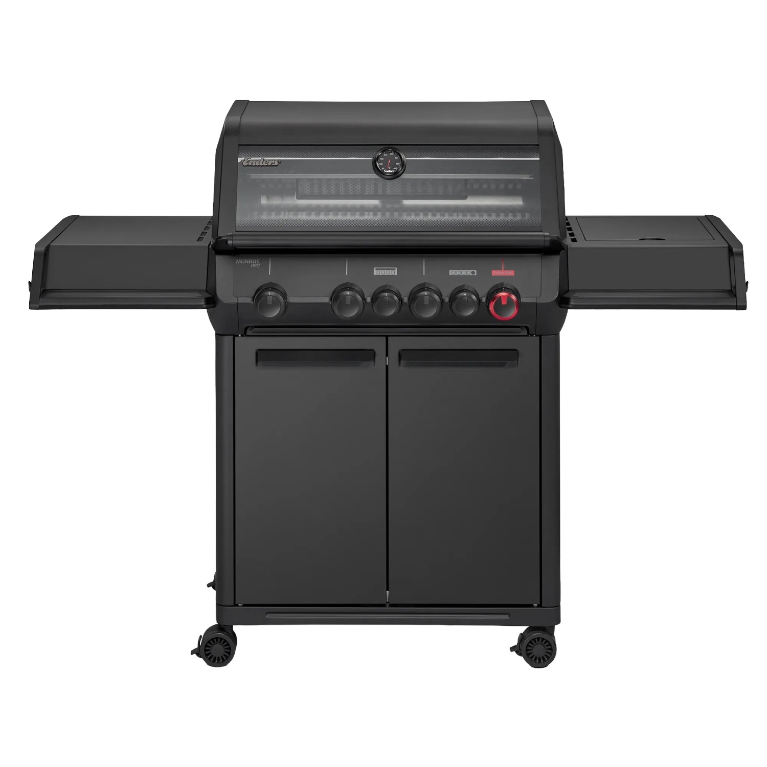 Enders Gasgrill Monroe Pro 4 SIKR Turbo Shadow, graphitfarbener Grill mit Seitenkocher und Sichtfenster.