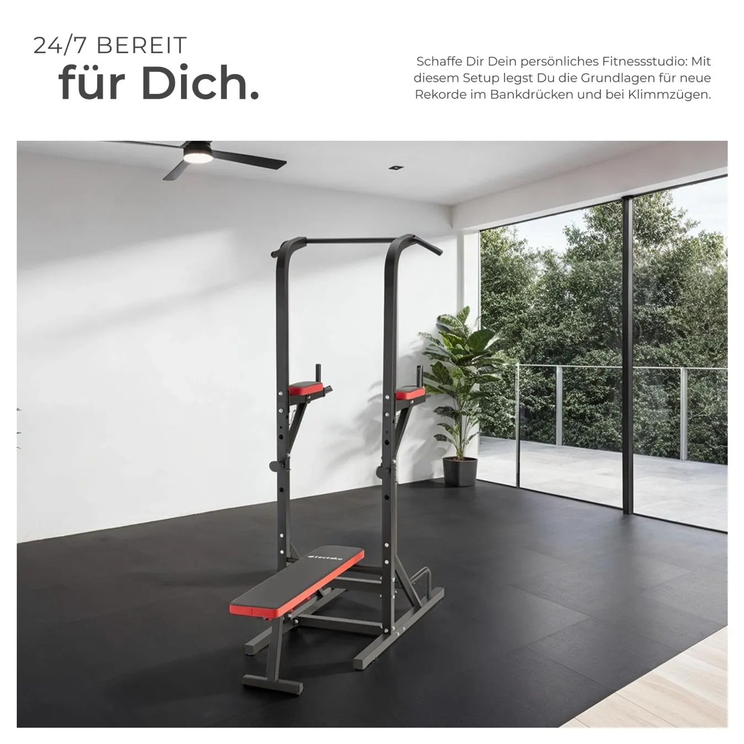 Schwarzer Tectake Power Tower mit Hantelbank, Klimmzugstange und Dip Station für Sport & Fitness.