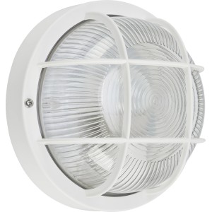 Weiße, runde Kellerleuchte mit Schutzkorb und klarem Strukturglas. E27 Fassung für max. 60W Leuchtmittel.