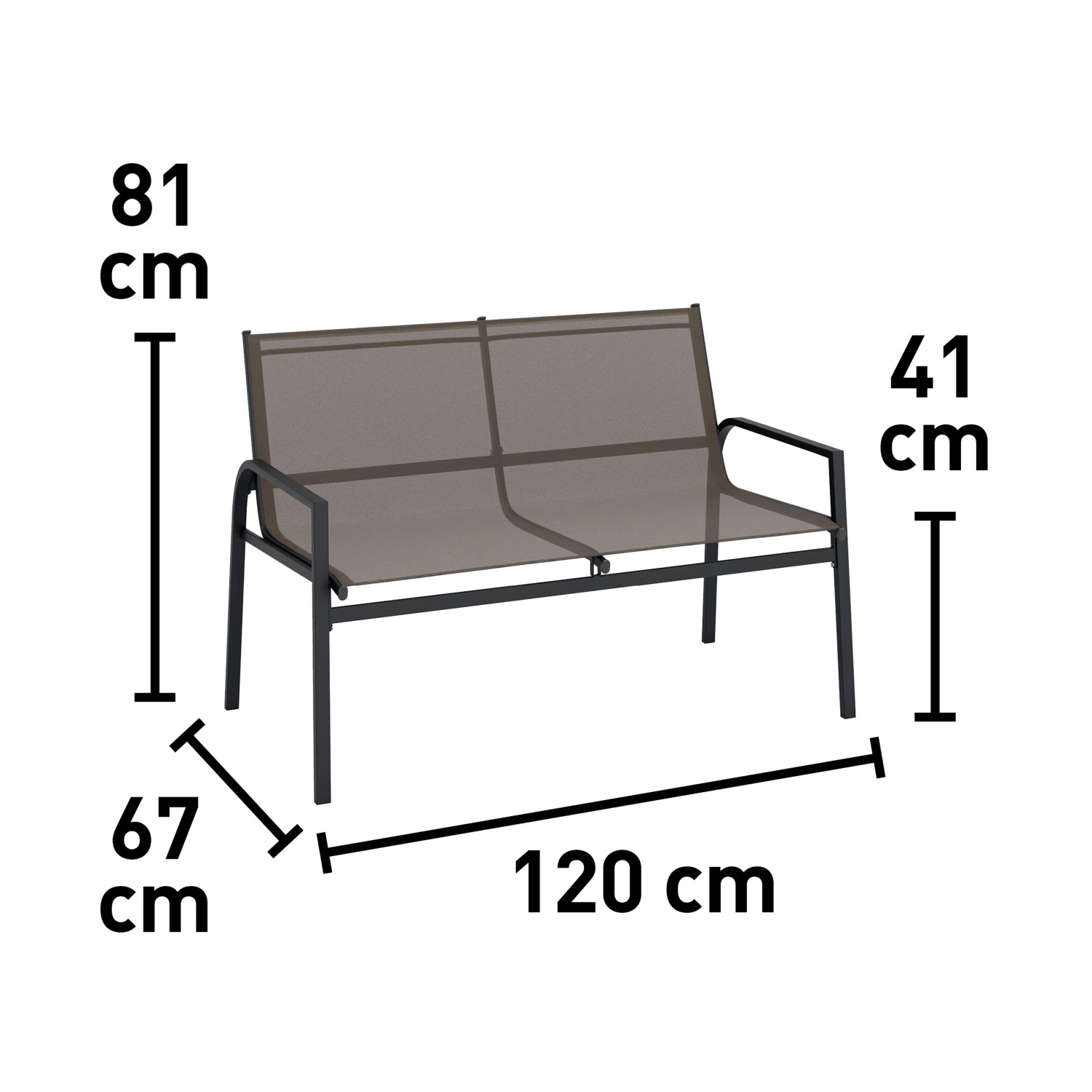 Abbildung der Maße des Gartenmöbel-Sets Tapena, 2-Sitzer Bank in Schwarz-Taupe.