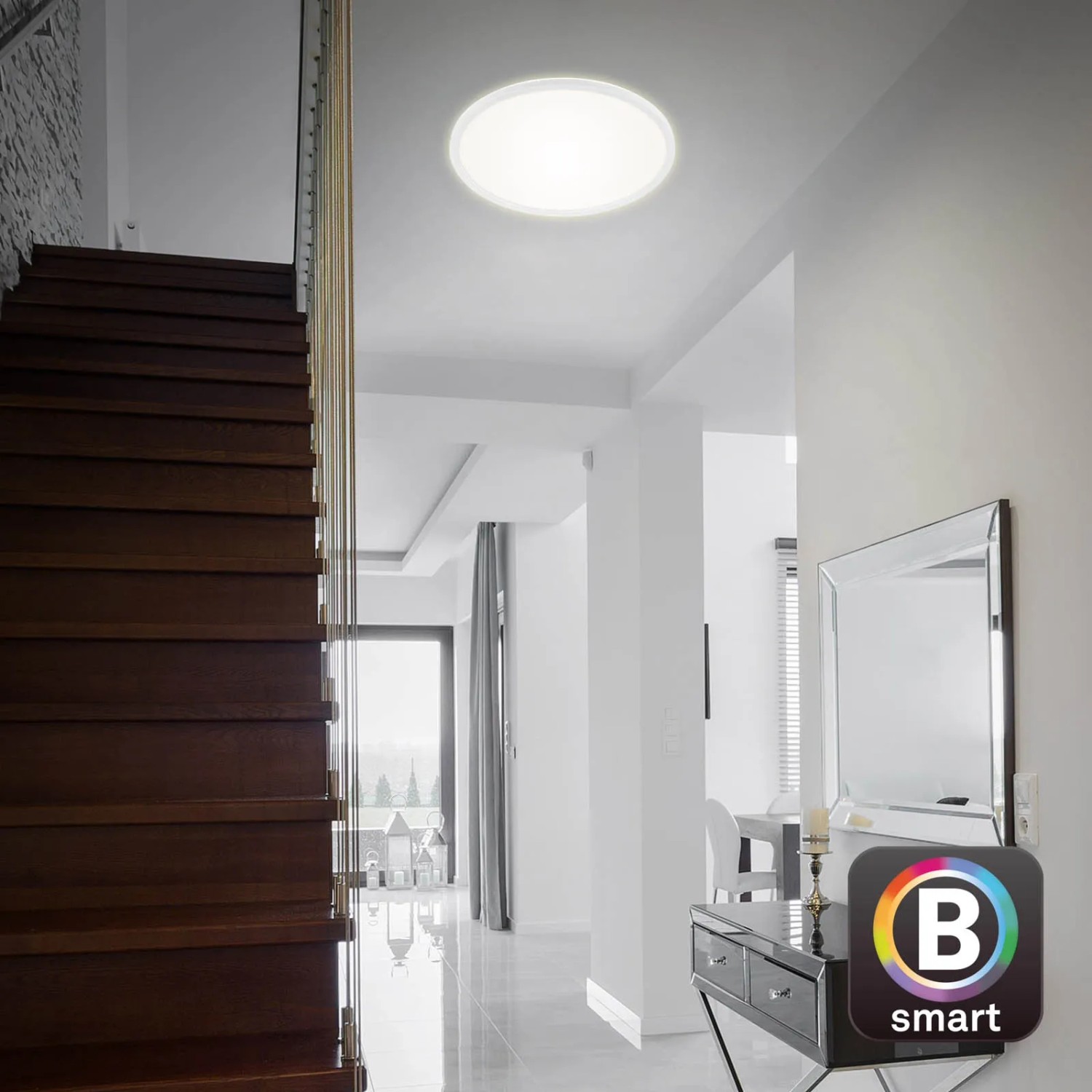 Dimmbare, weiße Brilo LED-Deckenleuchte Slim S B-Smart Panel (22 W) im Flur.