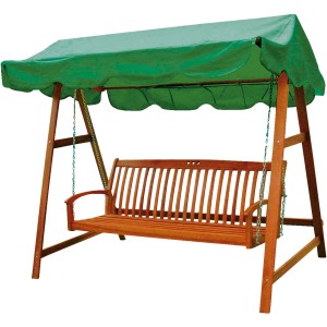 Hollywoodschaukel Miami mit grünem Sonnendach aus Holz, geeignet für 3 Personen.