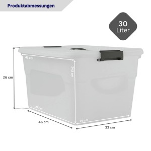 Proregal Aufbewahrungsbox 30L, 6er Set, transparent, mit Deckel und Maßangaben.