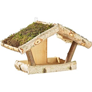 Vogelfutterhaus Hubertus mit Moosdach aus Birkenholz für Wildvögel.
