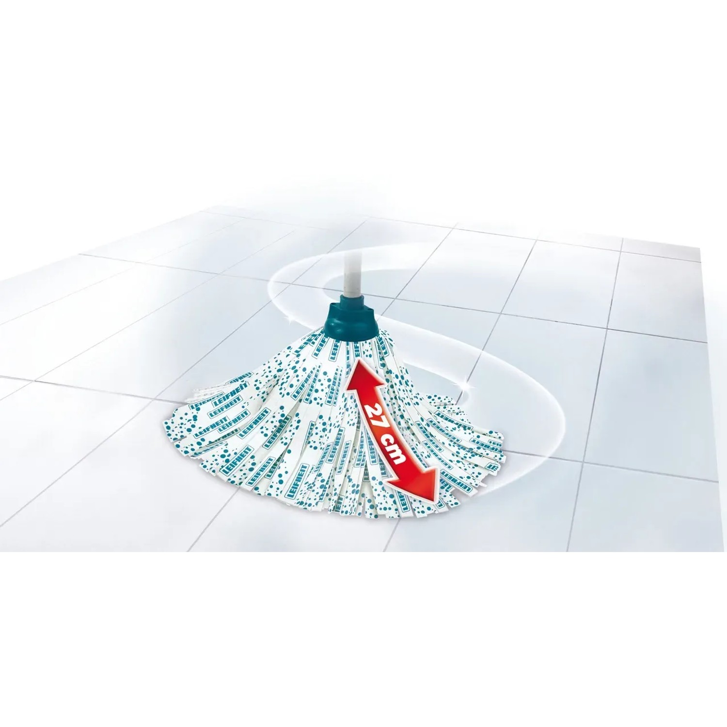 Leifheit Classic Wischmop-Set mit Eimer, Viskose-Mopkopf und Stiel auf Fliesenboden.