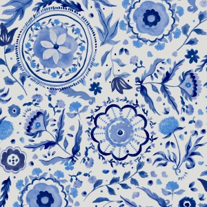 Joules Vliestapete Festival Flowers, blau-weißes Blumenmuster.