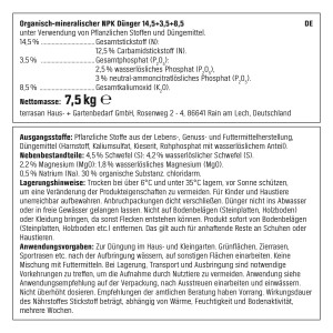 Detailaufnahme der Inhaltsangabe des OBI Turbo Rasen-Düngers 7,5 kg.
