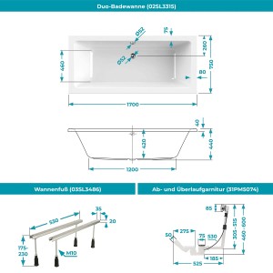 Technische Zeichnung: Calmwaters Duo-Badewanne 170x75 cm mit Wannenfuß und Ablaufgarnitur.